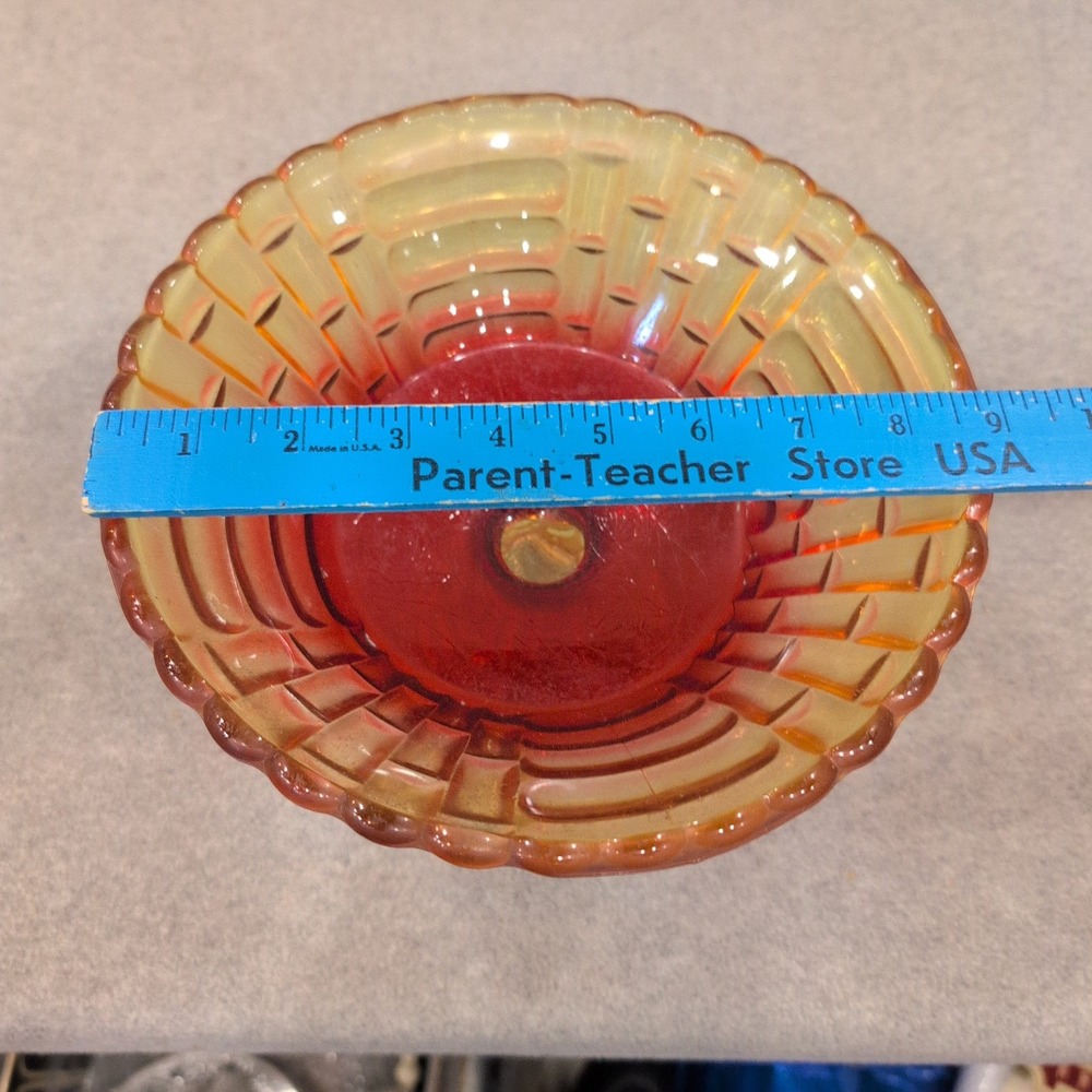 Vintage Amberina Glass Basketweave Compote Footed Candy Dish Red Yellow Scallop - Picture 6 of 7